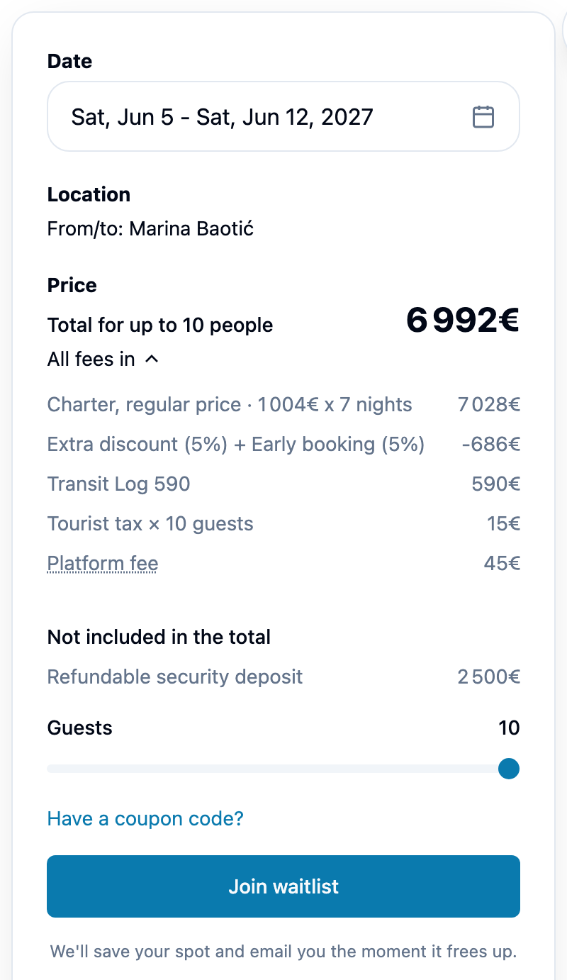 The booking box for a held week: the price, Join waitlist, and We'll save your spot and email you the moment it frees up.
