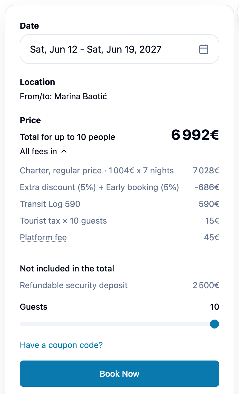 The booking box on a boat page for Sea Breeze: the dates, the marina, the Total for up to 10 people with All fees in opened, the deposit not included in the total, and Book Now.