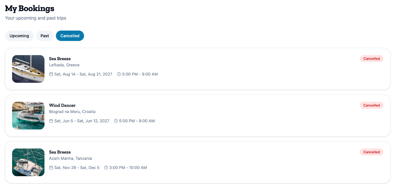 My Bookings with the Upcoming, Past and Cancelled tabs, showing three cancelled bookings for Sea Breeze and Wind Dancer.