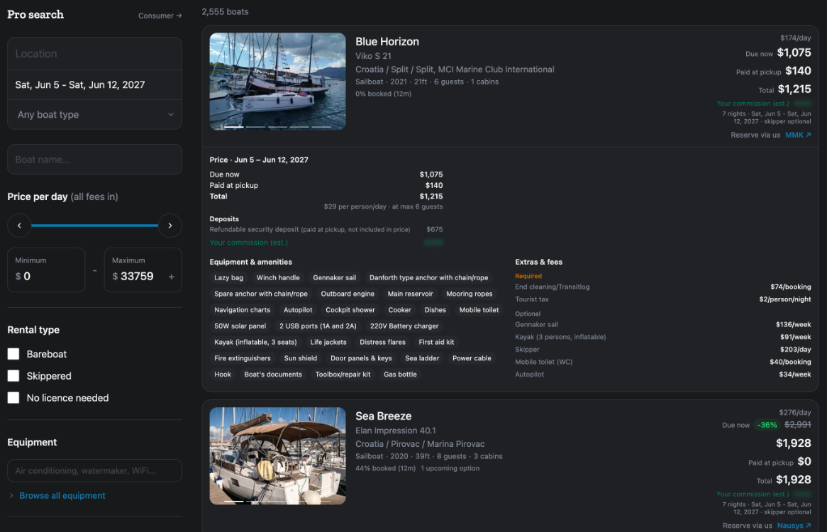 Pro search results for Split with one row expanded: the price for the stay, Due now, Paid at pickup and Total, deposits, Equipment & amenities and Extras & fees.