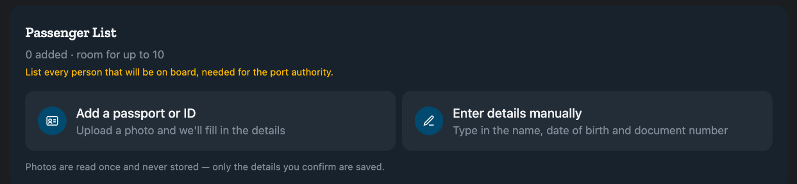 The Passenger List on a booking page with nobody added yet: Add a passport or ID, or Enter details manually, and the note that photos are read once and never stored.