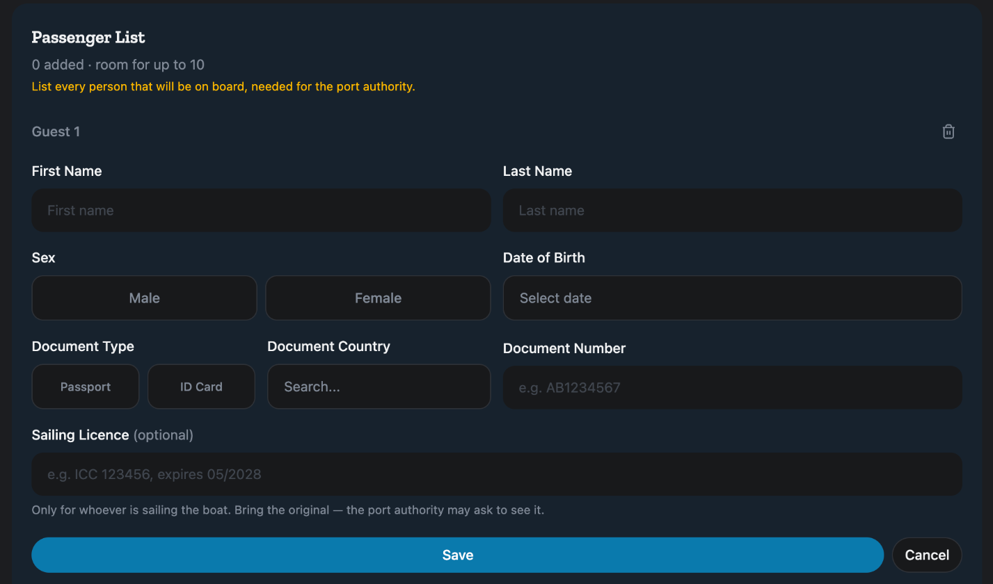 The form for one passenger: name, sex, date of birth, document type, country and number, the optional sailing licence, and the Save and Cancel buttons.