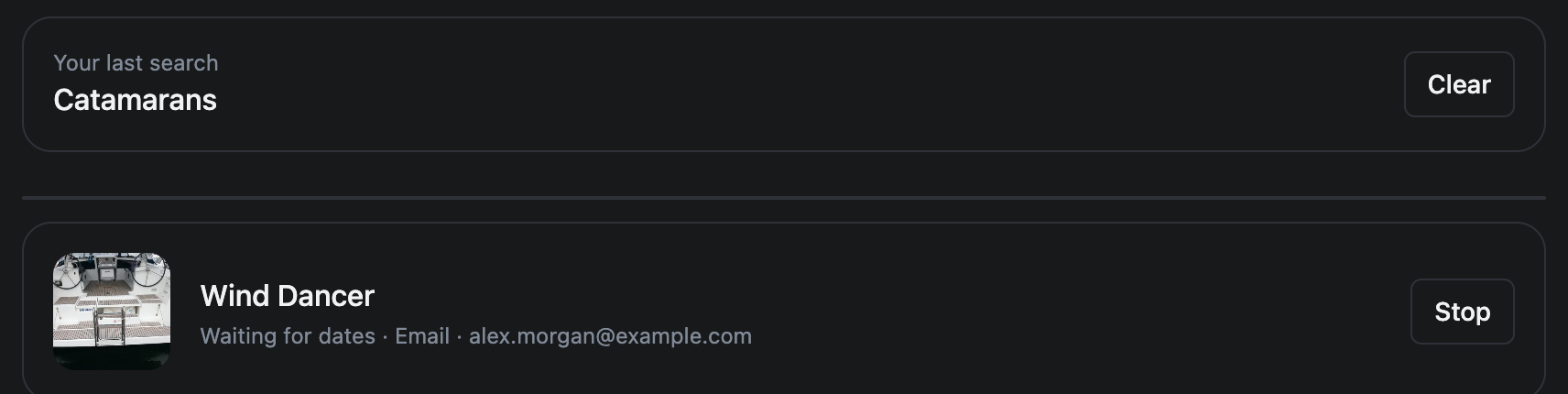 The Alerts page in My Settings: Your last search with a Clear button, then a boat alert that reads Waiting for dates, Email, and the address, with a Stop button.