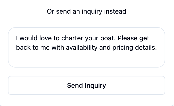 The inquiry form in a boat's booking panel: Or send an inquiry instead, a message box with a starter text, and the Send Inquiry button.