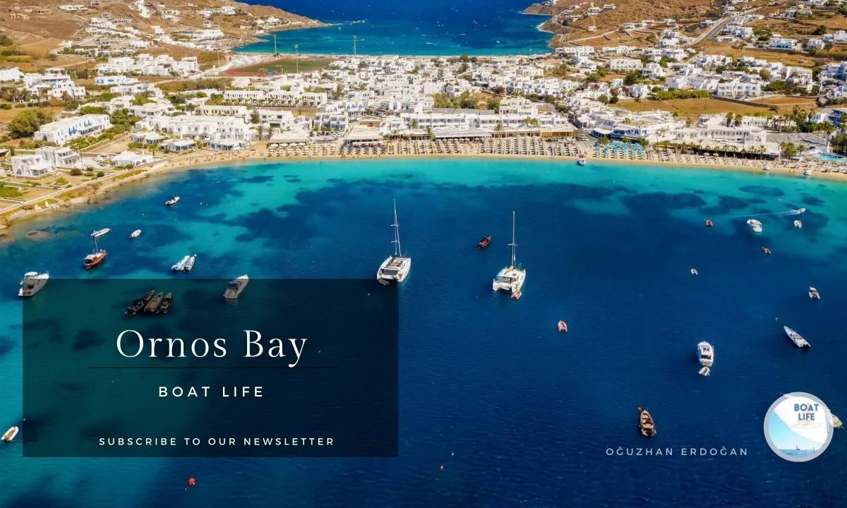 Ornos bay, marina in Ornos, Greece
